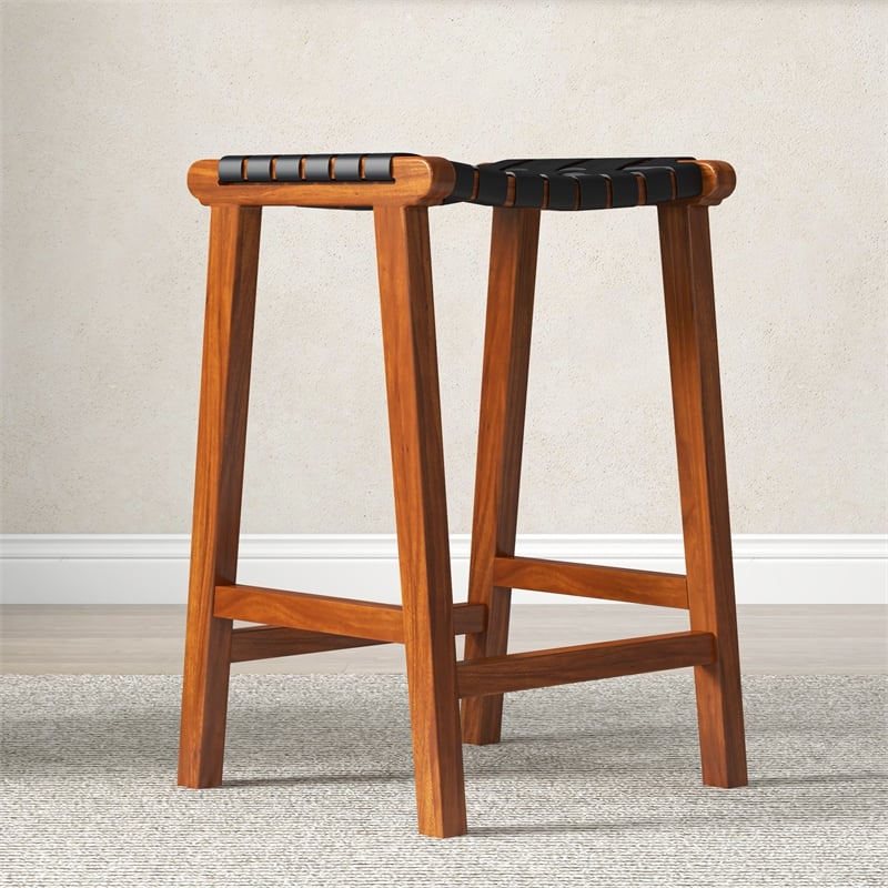 Yala Mid Century Modern Black Woven Leather Counter Stool