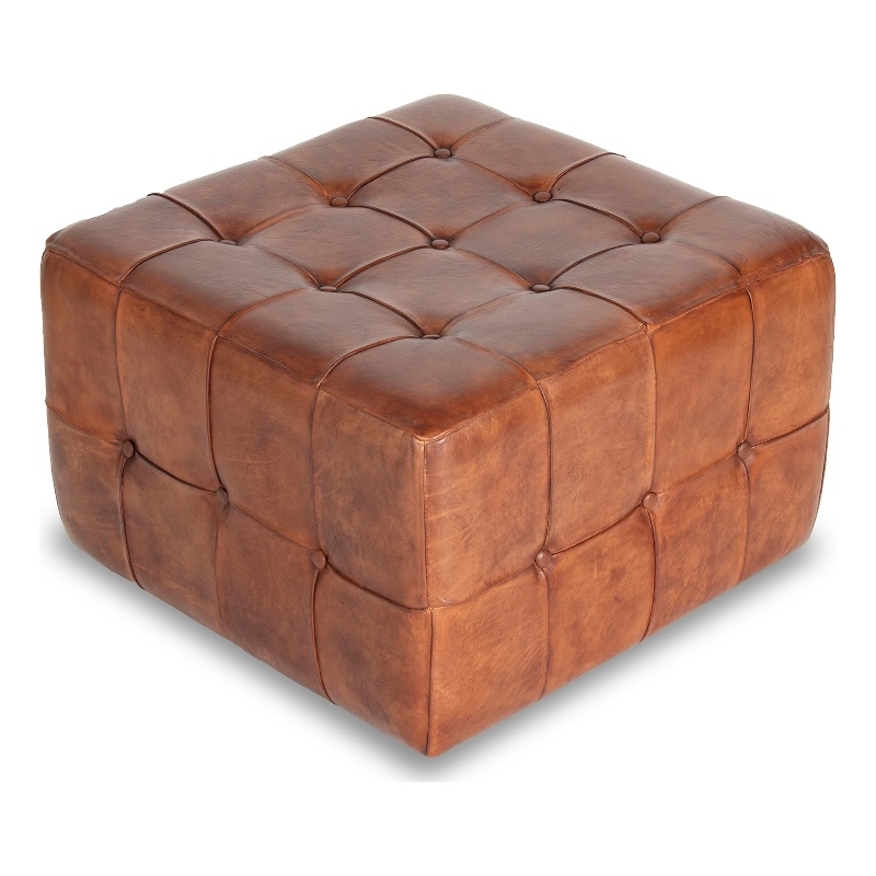 Varner Mid-Century Modern 27.5-inch Square Genuine Leather Ottoman in Tan