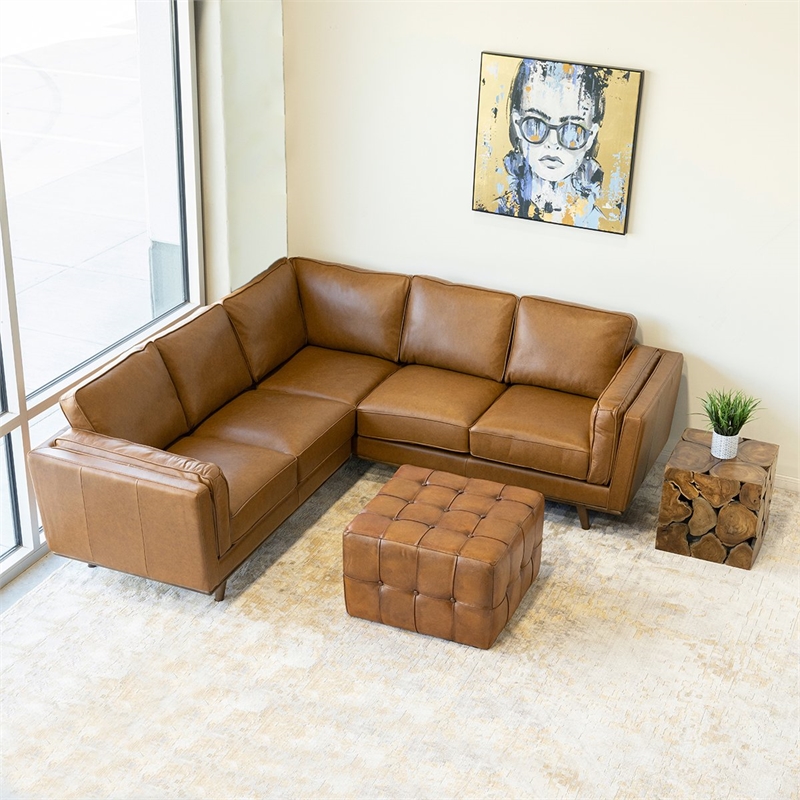 Varner Mid-Century Modern 27.5-inch Square Genuine Leather Ottoman in Tan