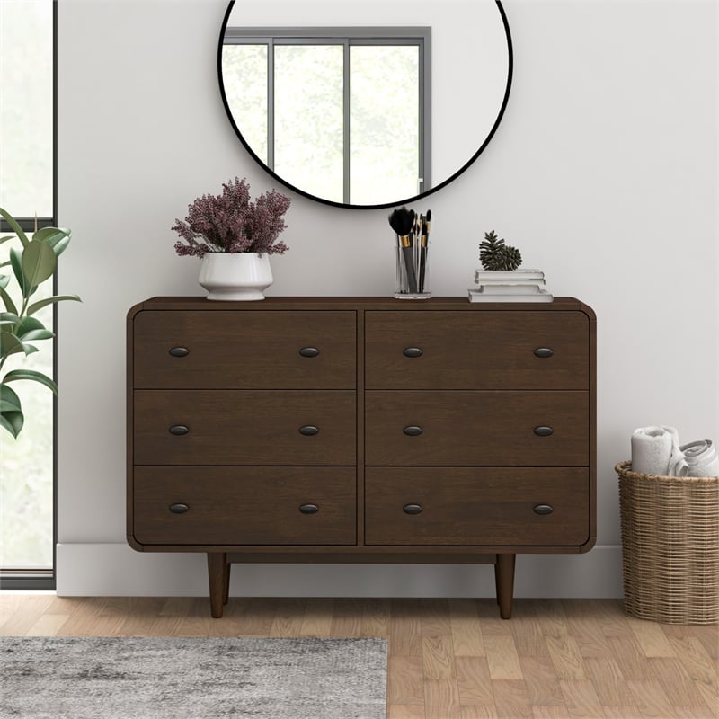 Stafford Modern Bedroom 6 Drawers Dressers in Solid Wood Walnut Brown
