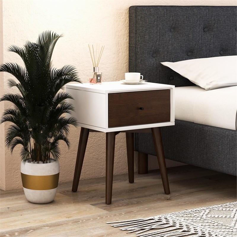 Cooper Mid-Century Modern Solid Wood Frame White 1-Drawer Nightstand