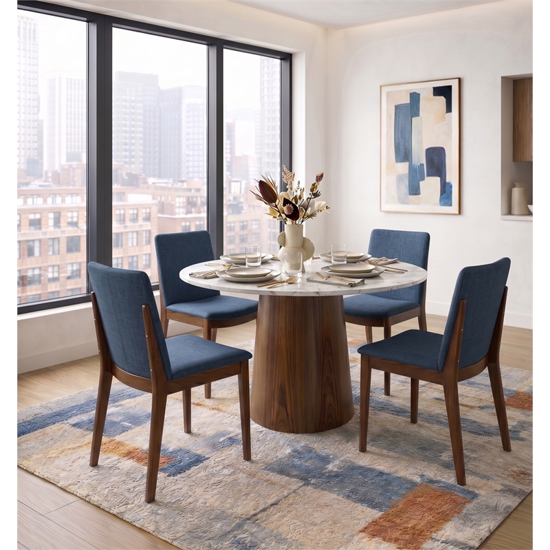 Valentine Mid-Century Modern Navy Blue Fabric Dining Chair Set of 2