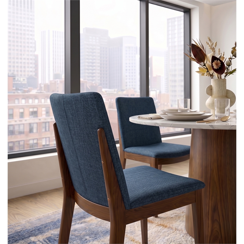 Valentine Mid-Century Modern Navy Blue Fabric Dining Chair Set of 2
