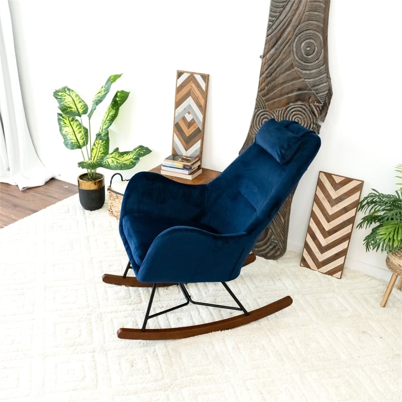 Revi Modern Indoor Livingroom Velvet Rocking Accent Chair in Navy Blue