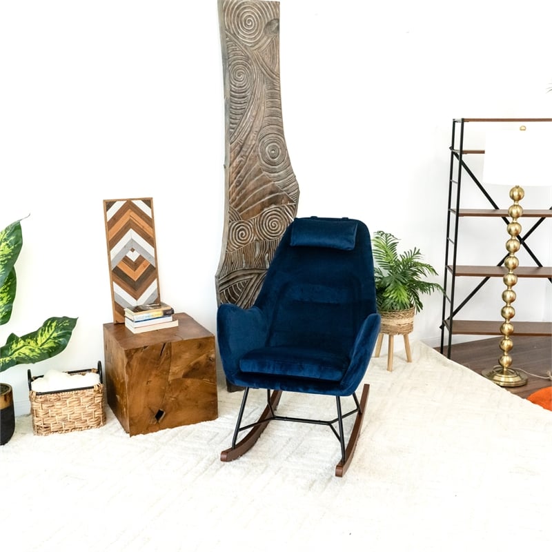 Revi Modern Indoor Livingroom Velvet Rocking Accent Chair in Navy Blue