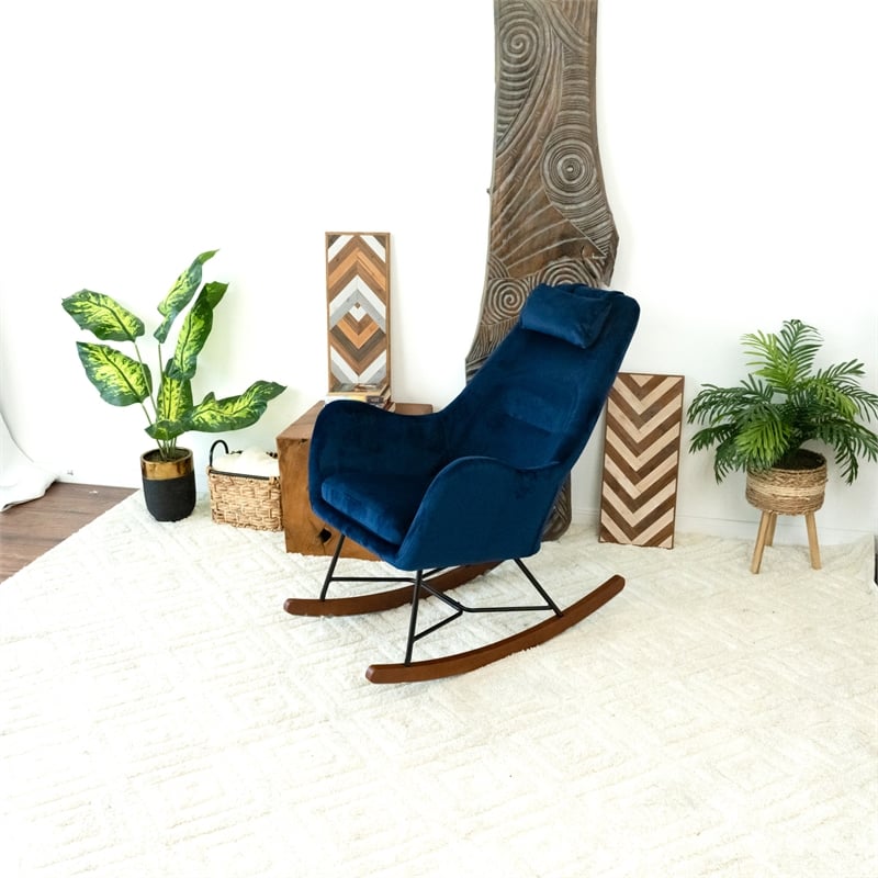 Revi Modern Indoor Livingroom Velvet Rocking Accent Chair in Navy Blue