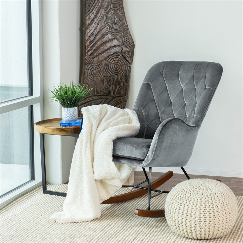 Severn Mid Century Modern Indoor Nursery Velvet Rocking Chairs in Dark Gray