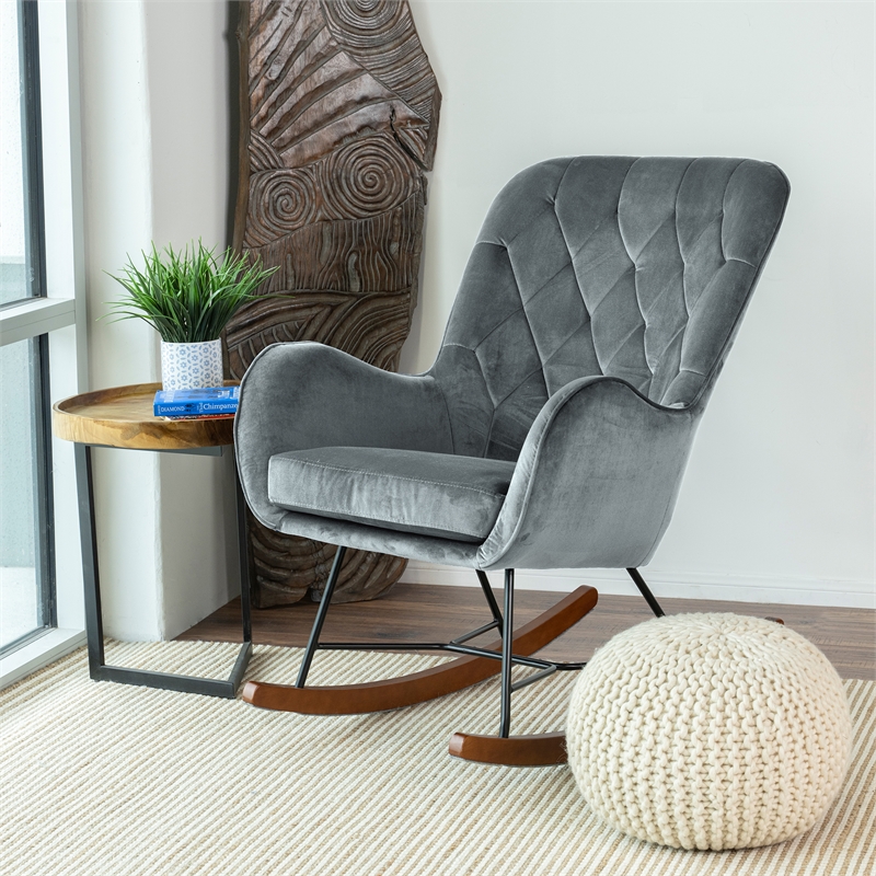 Severn Mid Century Modern Indoor Nursery Velvet Rocking Chairs in Dark Gray