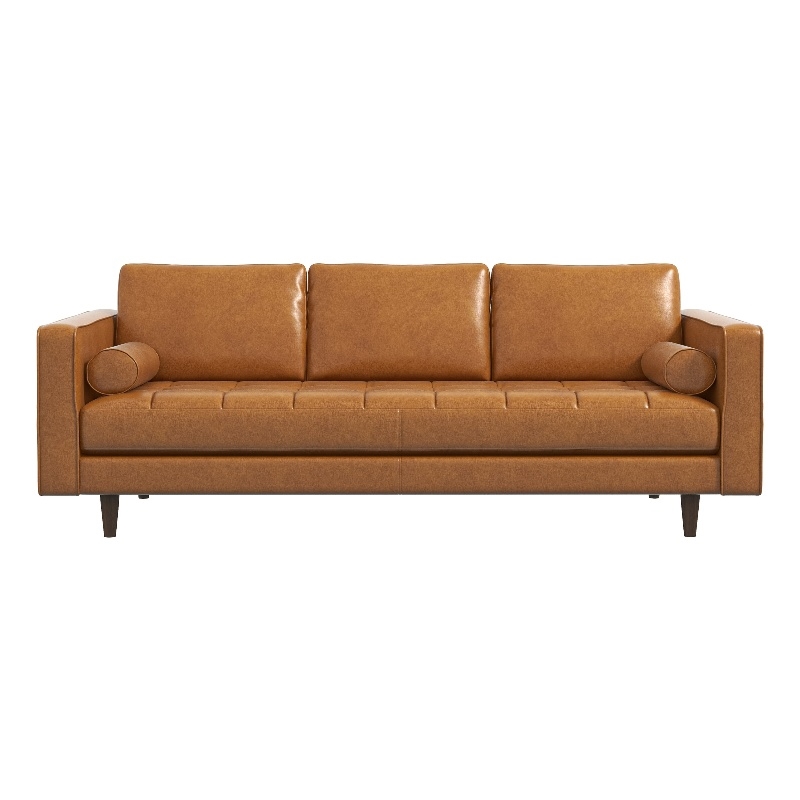 Jax Mid-Century Modern Pillow Back Genuine Leather Sofa in Tan