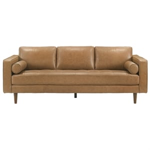 Jax Mid-Century Modern Pillow Back Genuine Leather Sofa in Tan