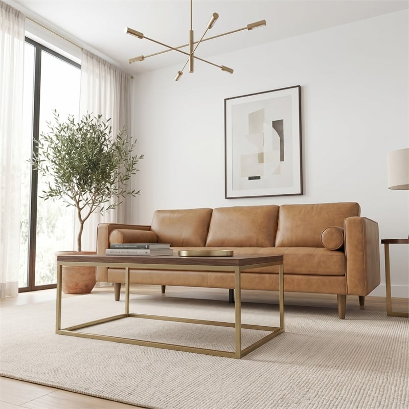 Jax Mid-Century Modern Pillow Back Genuine Leather Sofa in Tan