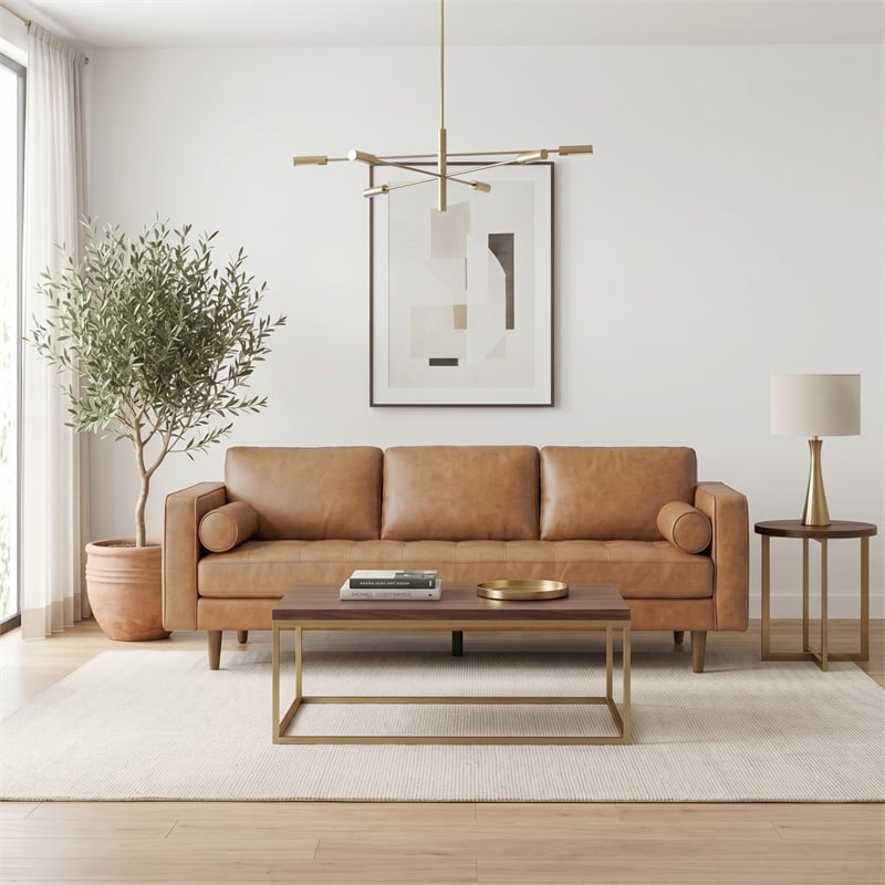 Jax Mid-Century Modern Pillow Back Genuine Leather Sofa in Tan