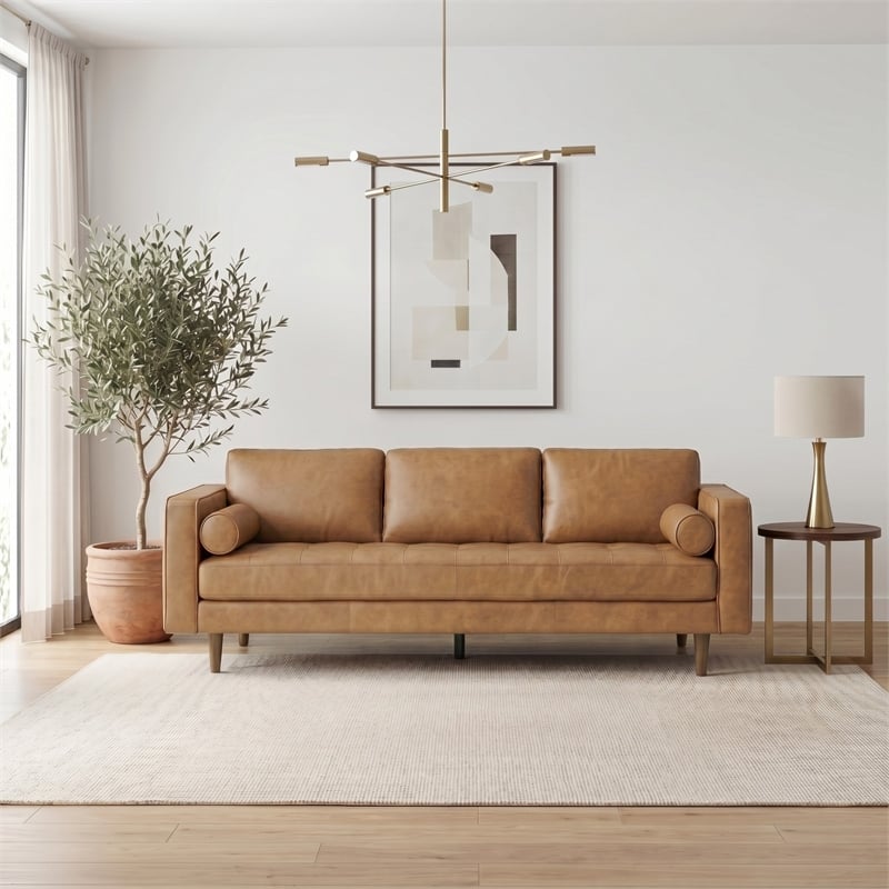 Jax Mid-Century Modern Pillow Back Genuine Leather Sofa in Tan