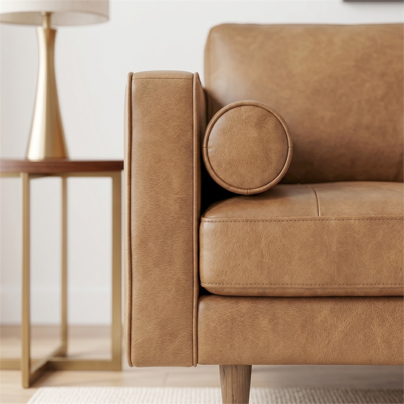 Jax Mid-Century Modern Pillow Back Genuine Leather Sofa in Tan