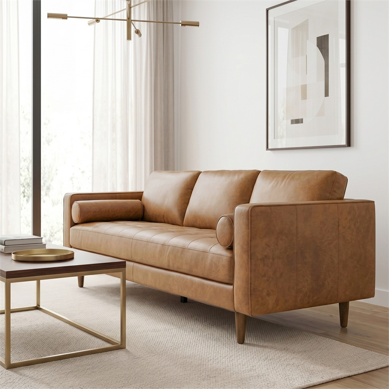 Jax Mid-Century Modern Pillow Back Genuine Leather Sofa in Tan