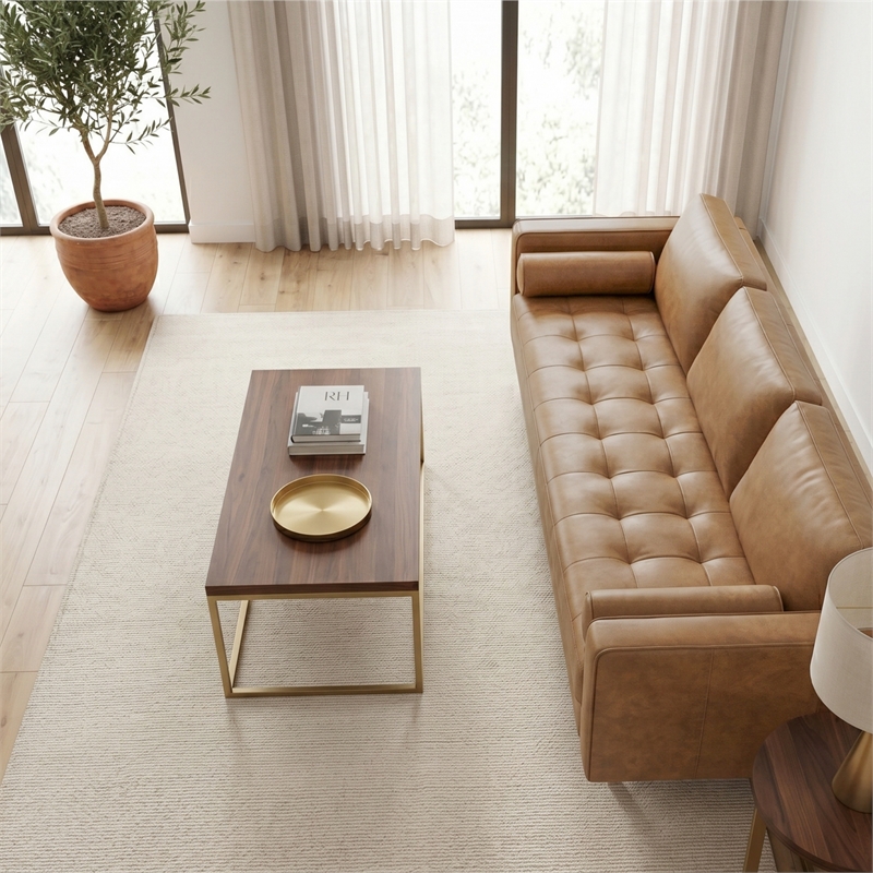 Jax Mid-Century Modern Pillow Back Genuine Leather Sofa in Tan