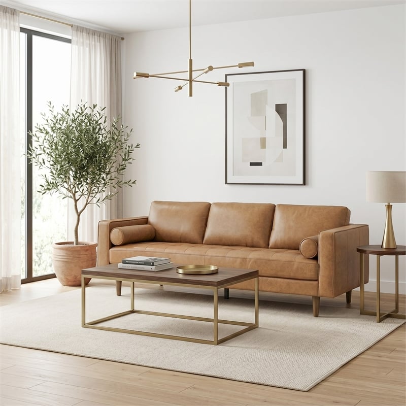Jax Mid-Century Modern Pillow Back Genuine Leather Sofa in Tan