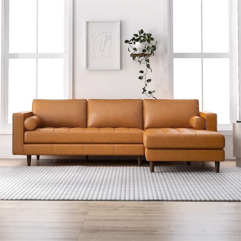 Demi Modern Living Room Top Leather Corner Sectional Couch in Cognac Tan
