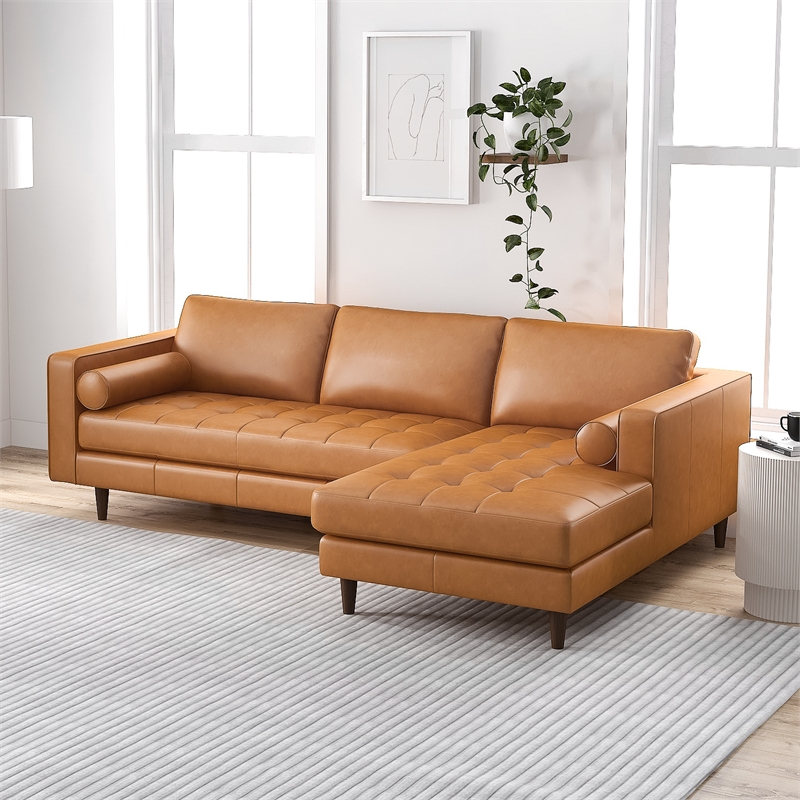 Demi Modern Living Room Top Leather Corner Sectional Couch in Cognac Tan