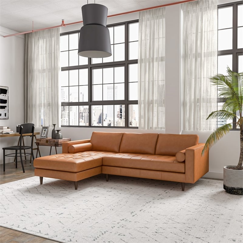 Demi Modern Living Room Top Leather Corner Sectional Couch in Cognac Tan
