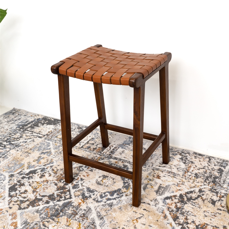 Dejang Mid-Century Modern Square Genuine Leather Counter Stool in Brown