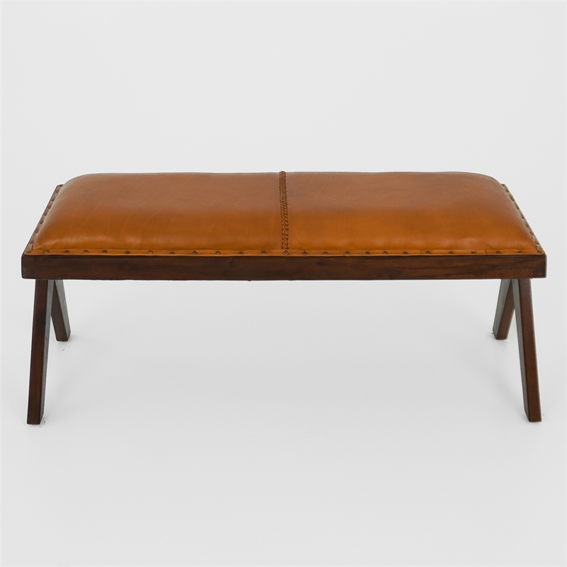 Tampa Mid-Century Modern Genuine Leather Button-Tufted Upholstered Bench in Tan