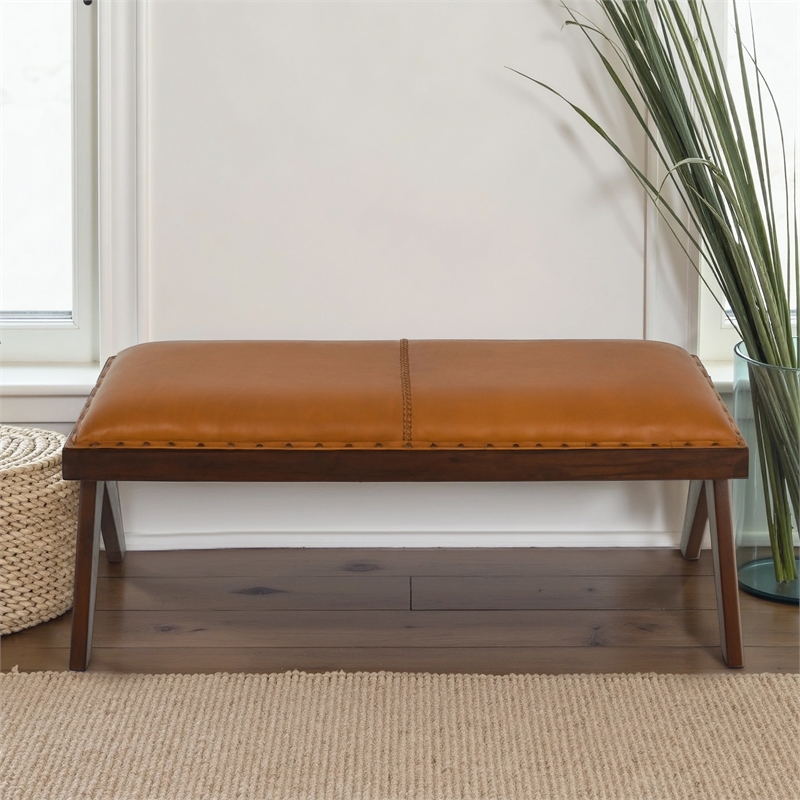 Tampa Mid-Century Modern Genuine Leather Button-Tufted Upholstered Bench in Tan