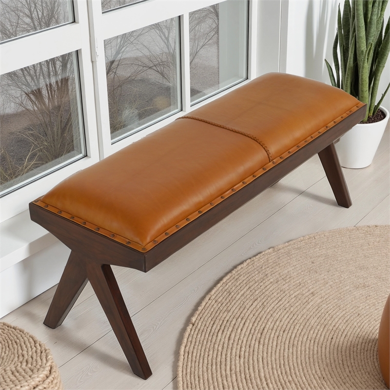 Tampa Mid-Century Modern Genuine Leather Button-Tufted Upholstered Bench in Tan