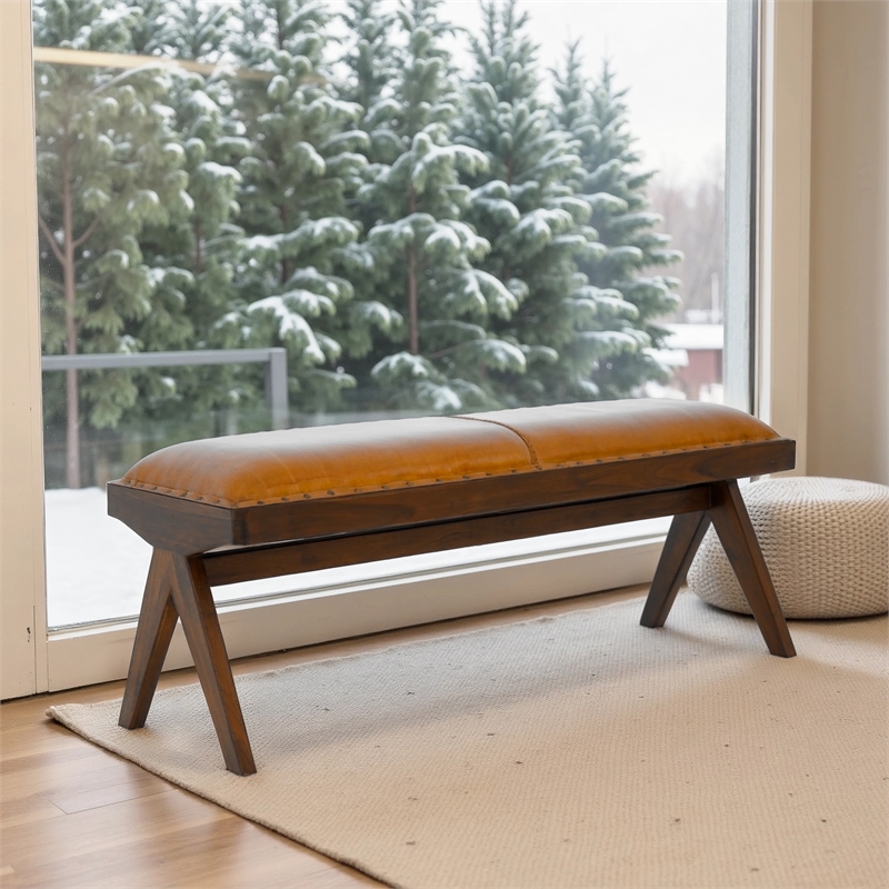 Tampa Mid-Century Modern Genuine Leather Button-Tufted Upholstered Bench in Tan