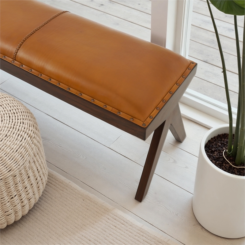 Tampa Mid-Century Modern Genuine Leather Button-Tufted Upholstered Bench in Tan