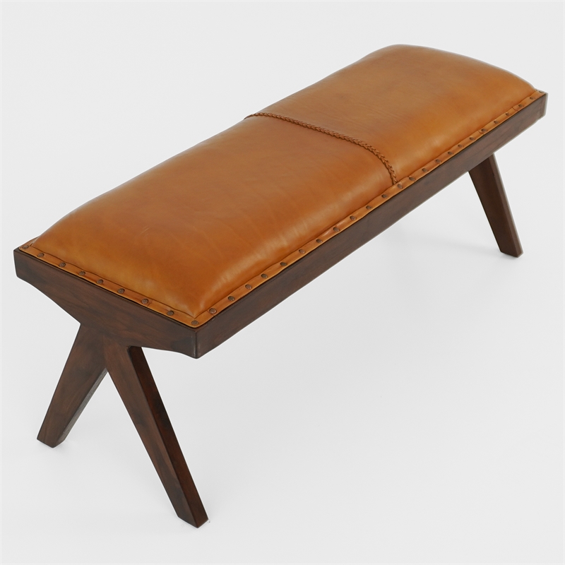Tampa Mid-Century Modern Genuine Leather Button-Tufted Upholstered Bench in Tan