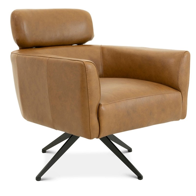 Abel Mid-Century Modern Tight Back Genuine Leather Swivel Chair in Tan