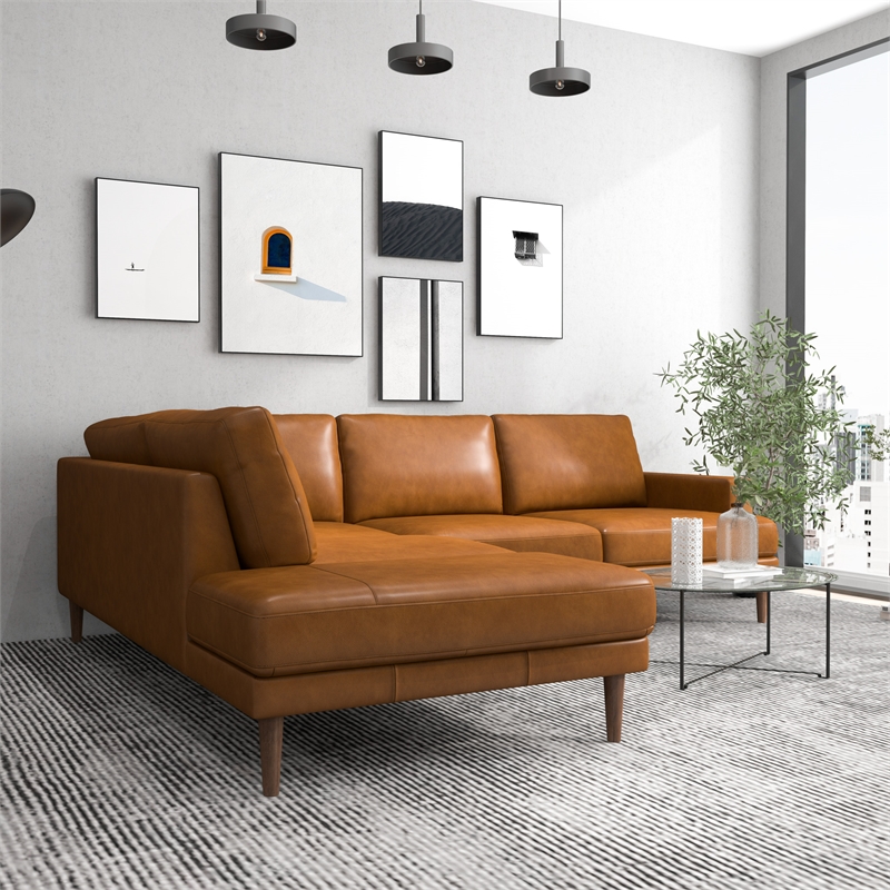 Aplee Modern Living Room Genuine Leather Corner Sectional Couch in Cognac Tan