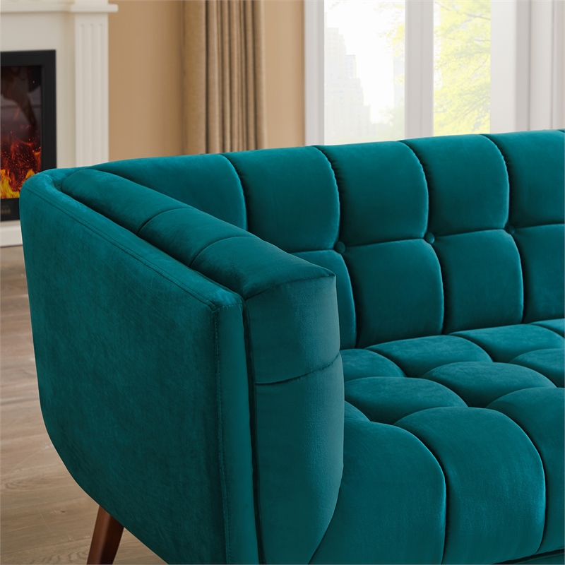 allen modern chesterfield tufted velvet living room sofa in turquoise