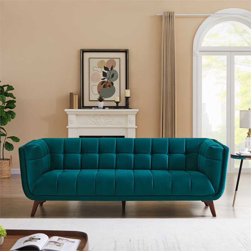 allen modern chesterfield tufted velvet living room sofa in turquoise