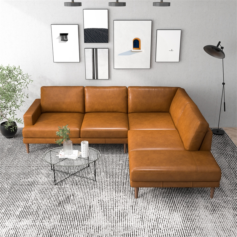 Aplee Modern Living Room Genuine Leather Corner Sectional Couch in Cognac Tan