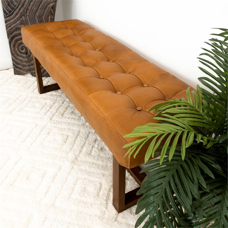 Arles Mid-Century Button-Tufted Genuine Leather Upholstered Bench in Tan