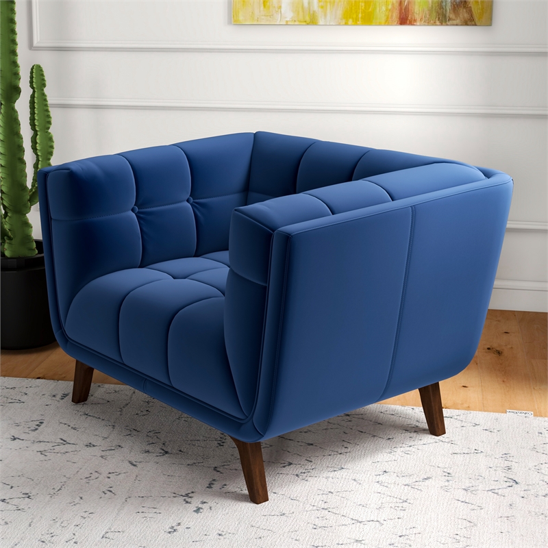 Cerruti Mid Century Modern Luxury Tufted Accent Velvet Armchair in Navy Blue