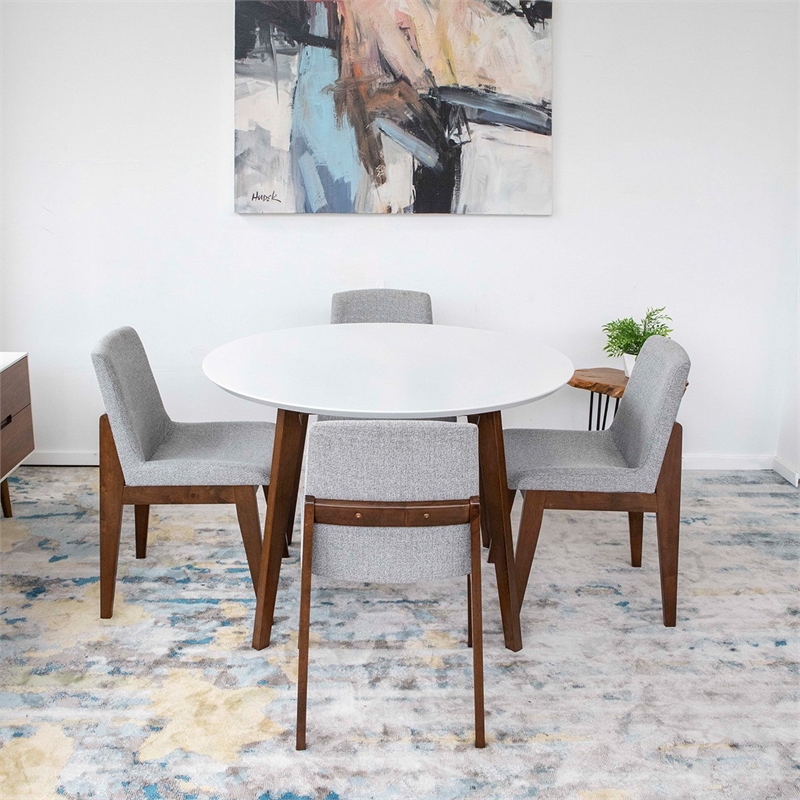 Cassian 5-Piece Mid-Century Dining Set w/ 4 Fabric Dining Chairs in Light Gray
