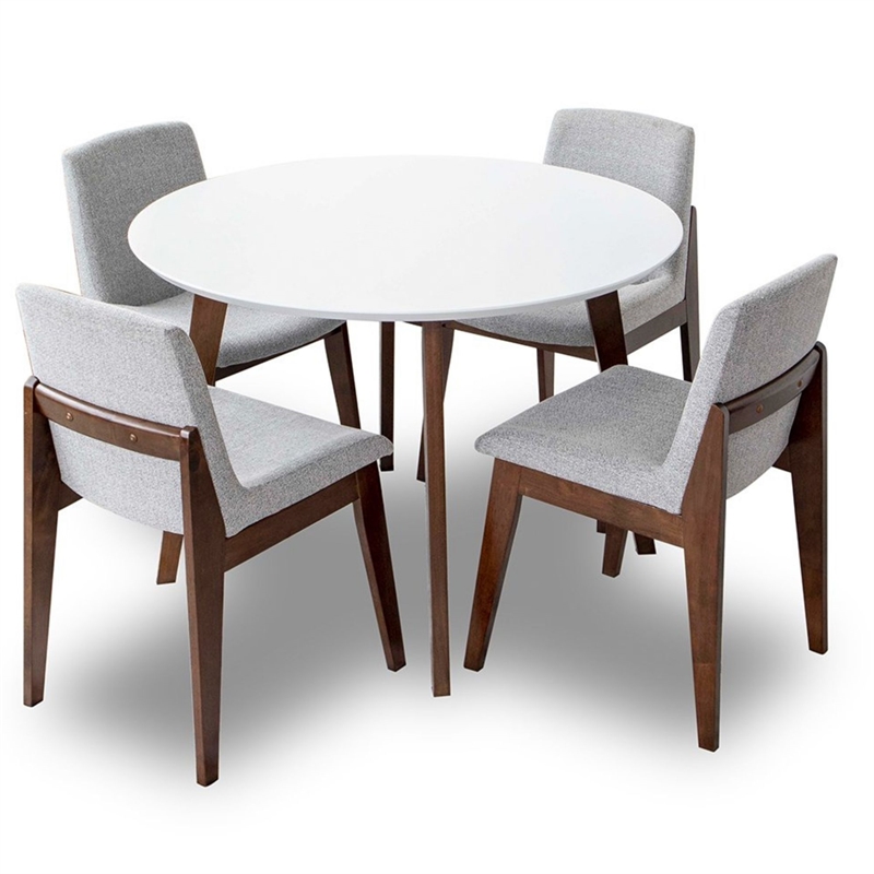 Cassian 5-Piece Mid-Century Dining Set w/ 4 Fabric Dining Chairs in Light Gray