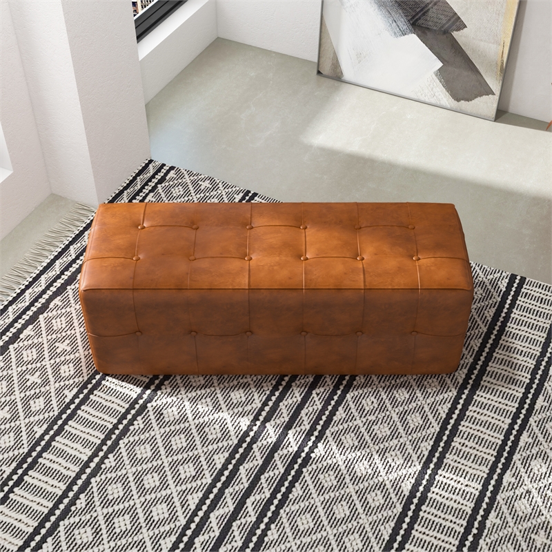 Vichy Mid-Century Modern Design Rectangular Genuine Leather Bench in Tan