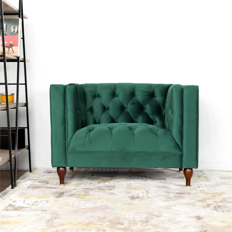 Clodine Mid Century Modern Tufted Velvet Upholstered Dark Green Armchair