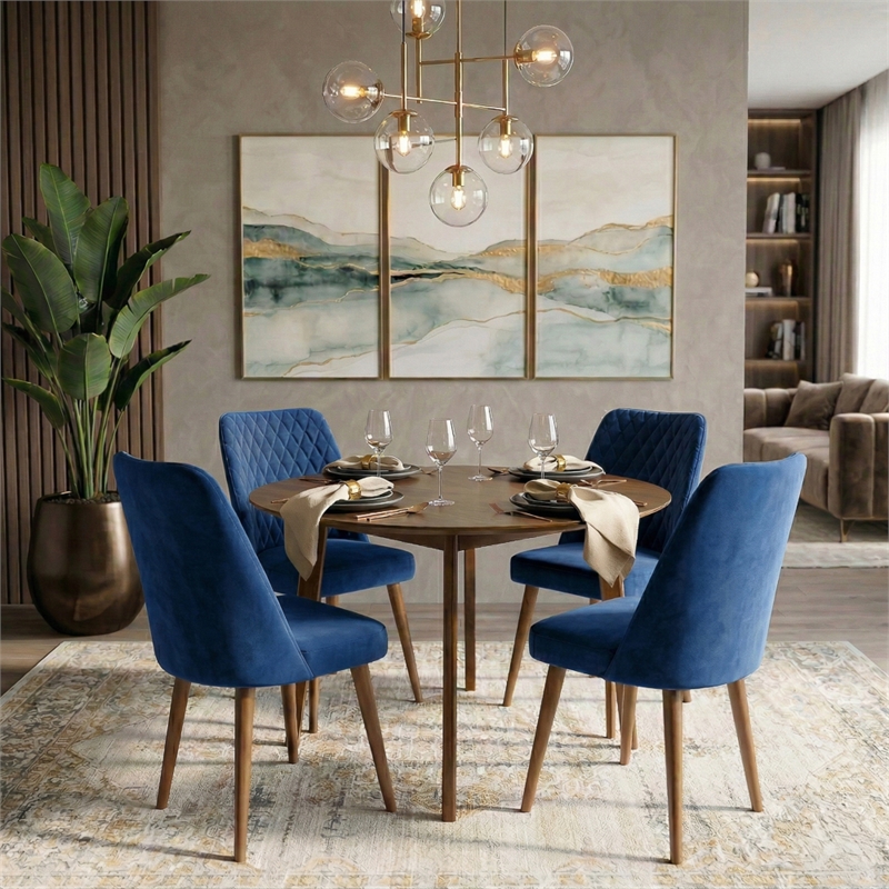 Ellen Mid-Century Modern Velvet Dining Chair in Navy Blue (Set of 2)