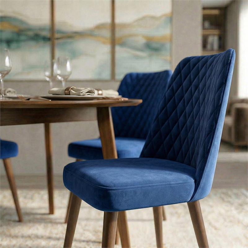 Ellen Mid-Century Modern Velvet Dining Chair in Navy Blue (Set of 2)