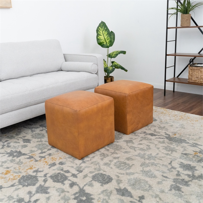 Lou Mid-Century Modern Design Square Cognac Tan Leather Ottoman