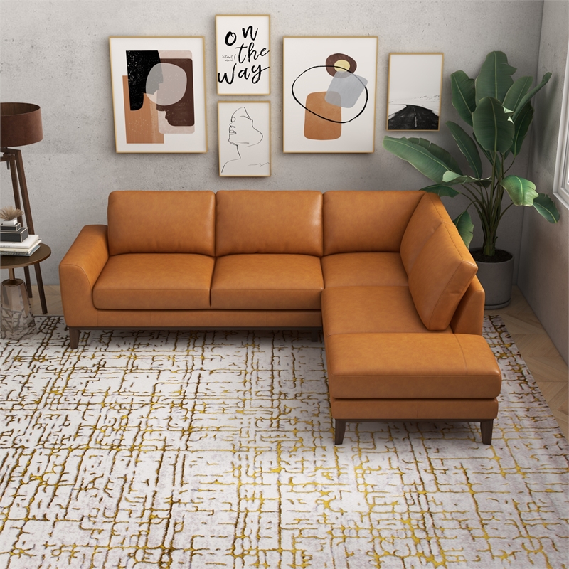 Mundo Mid-Century Tight Back Leather Right-Facing Upholstered Sectional in Tan