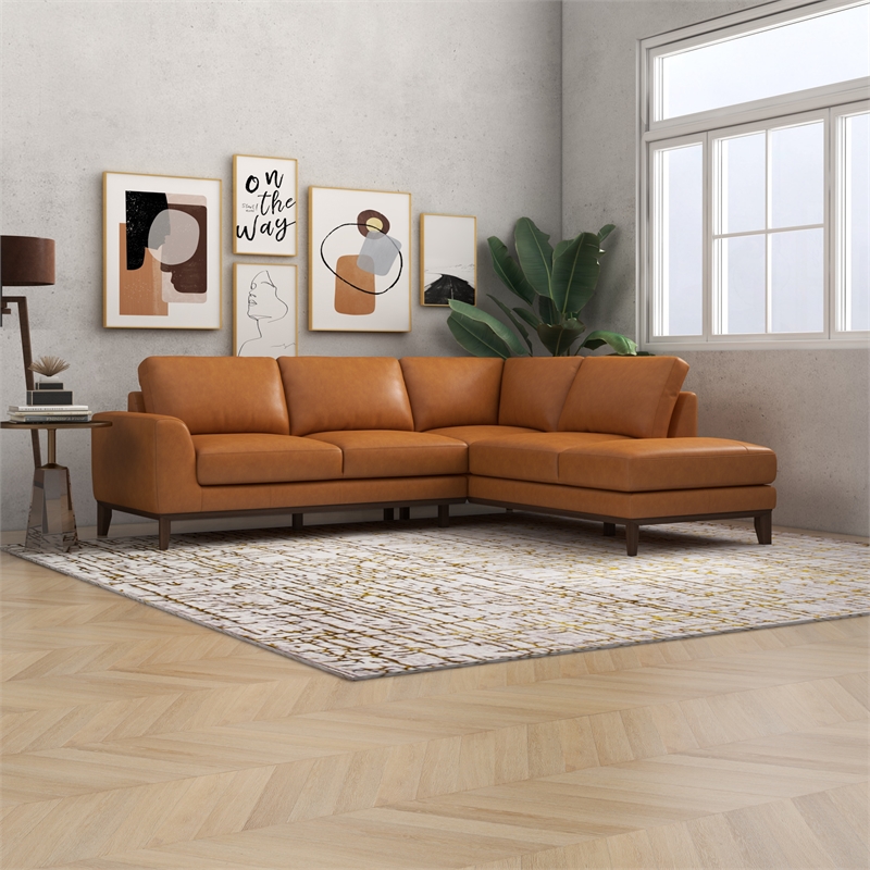 Mundo Mid-Century Tight Back Leather Right-Facing Upholstered Sectional in Tan