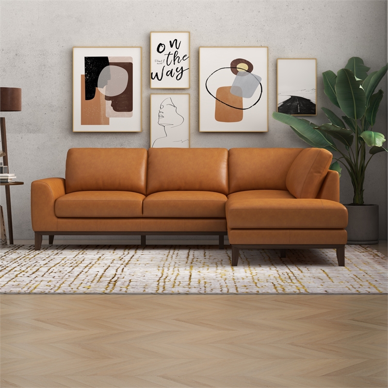 Mundo Mid-Century Tight Back Leather Right-Facing Upholstered Sectional in Tan