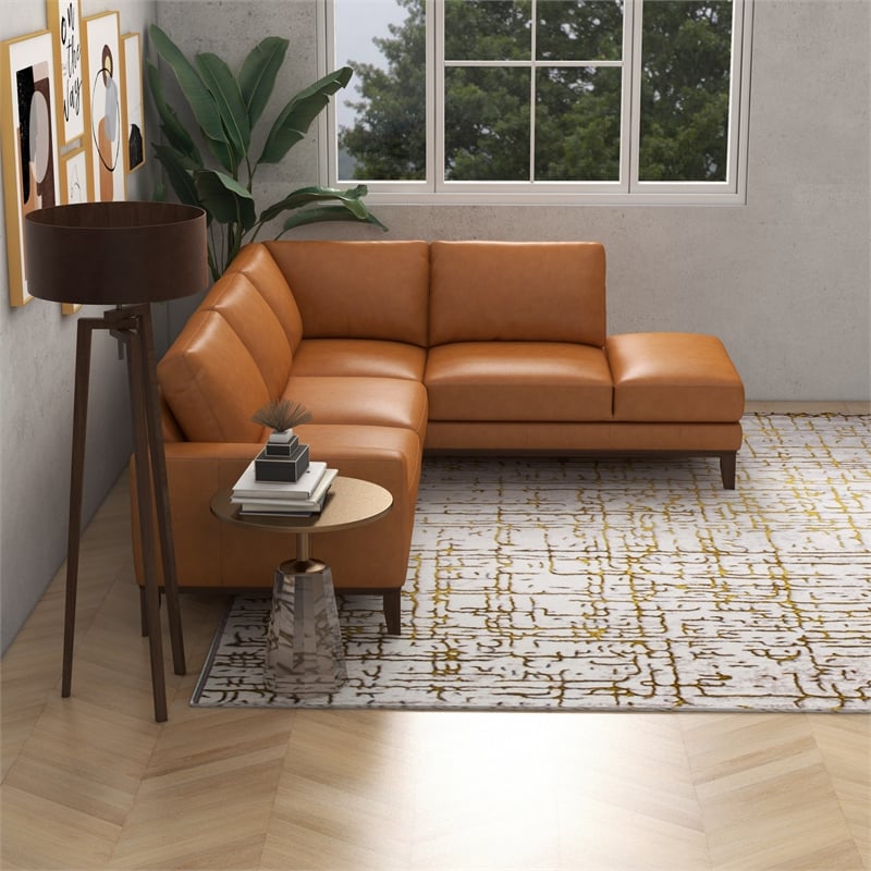 Mundo Mid-Century Tight Back Leather Right-Facing Upholstered Sectional in Tan
