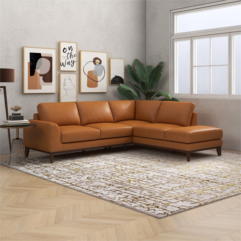 Mundo Mid-Century Tight Back Leather Right-Facing Upholstered Sectional in Tan